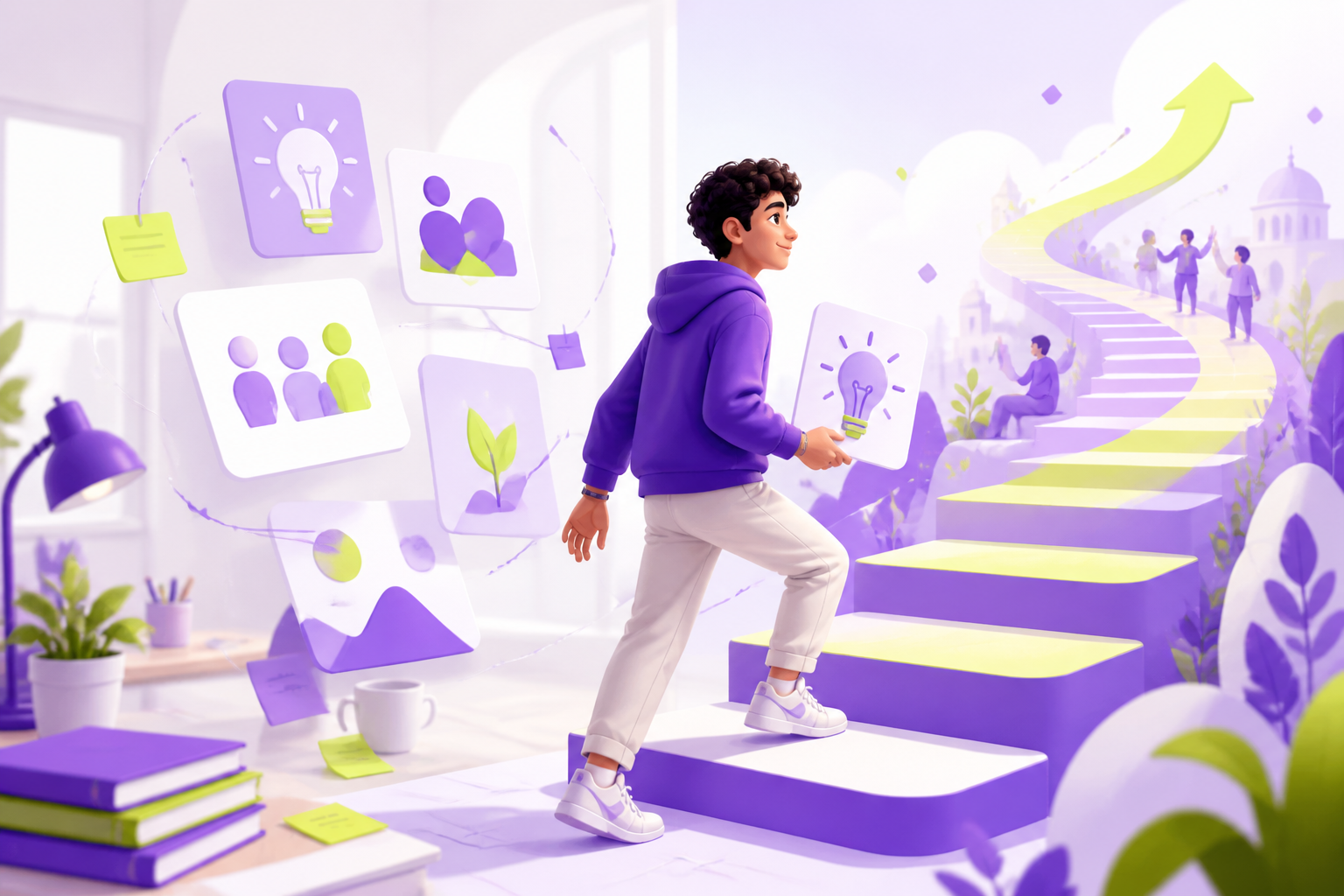 رسم توضيحي لشاب يبدأ من فكرة ويتقدم عبر خطوات صاعدة نحو مشروعه